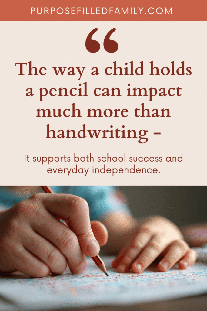 child participating in activities for correcting pencil grip with text box above picture