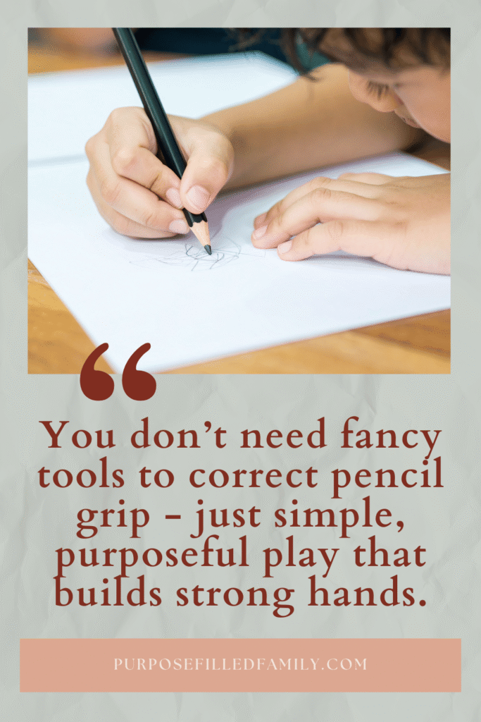 image of child participating in activities for correcting pencil grip with text box below image