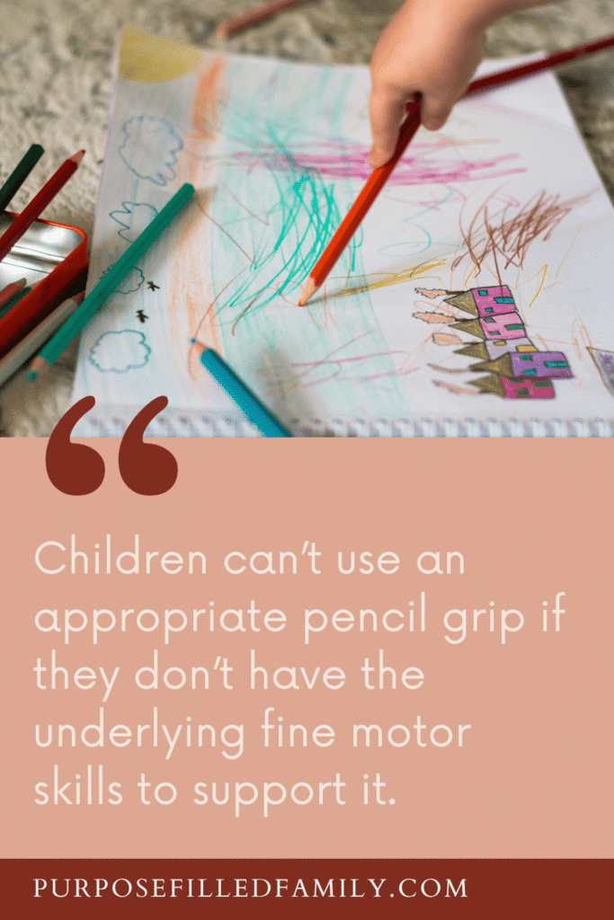 preschooler coloring a picture for correcting pencil grip with text below the image