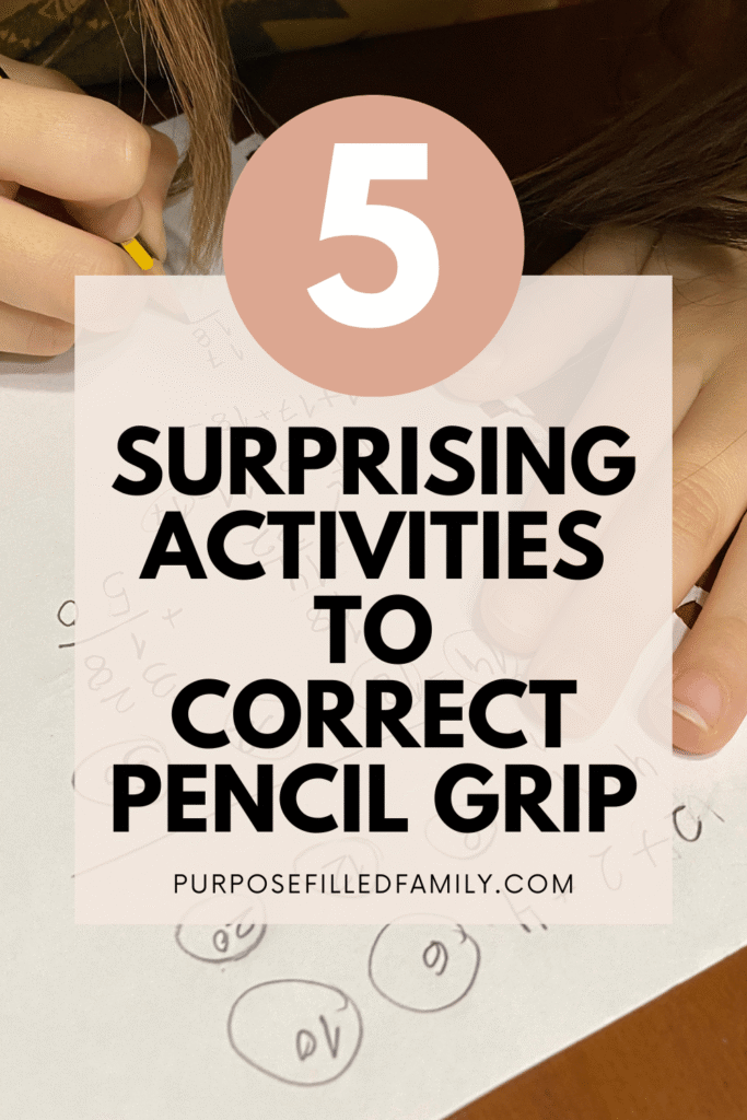 child participating in activities for correcting pencil grip with text overlayed on top