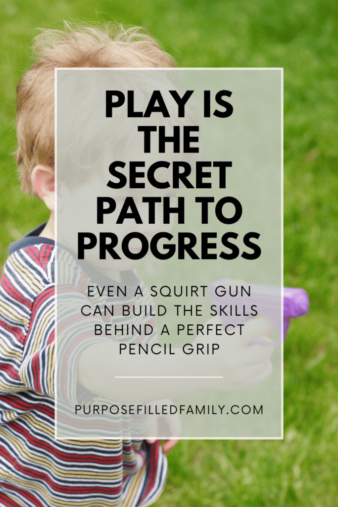 child playing with water toy to correct pencil grip with text overlayed on top